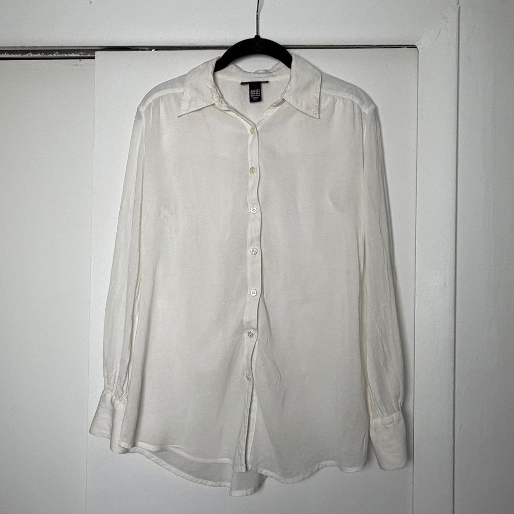 HM‎ Womens White Button Down Long Sleeve Shirt Rayon Cotton Blend Size 6